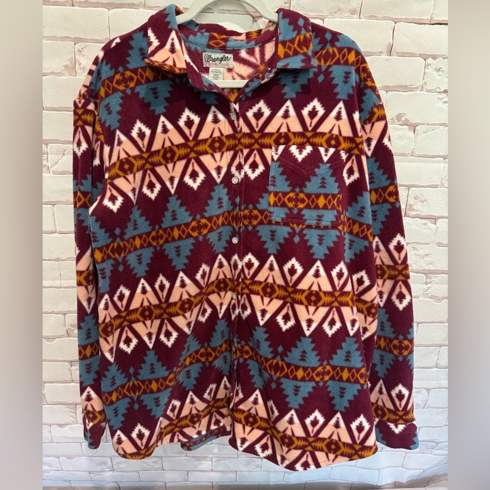Wrangler Southwest Aztec Fleece Button Up Shirt Women XL Burgundy Blue Geometric